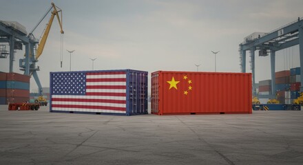 Shipping containers with American and Chinese flags in port  