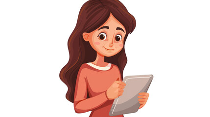 A woman holding tablet smiling cartoon. featuring woman, girl, female. This image is ideal for use in various financial contexts.