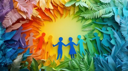 Colorful paper cut-out figures holding hands, surrounded by vibrant foliage, symbolizing unity and community.