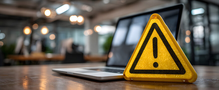 The laptop displaying a caution warning in a modern office setting.