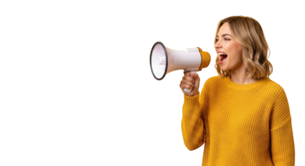 A woman shouting into megaphone loudly. featuring megaphone, woman, shout. This image is ideal for use in various financial contexts.