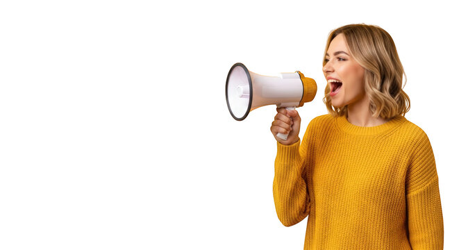 A woman shouting into megaphone loudly. featuring megaphone, woman, shout. This image is ideal for use in various financial contexts.