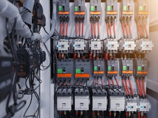 Industrial circuit breaker and  contactors on the main electrical  panel distribution.