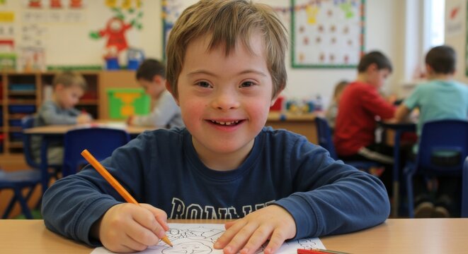 Young boy with Down syndrome drawing happily in bright classroom  