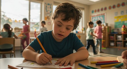 Young boy with Down syndrome coloring a drawing in a classroom  