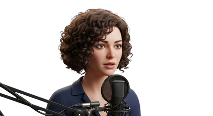 A woman with microphone podcast recording. featuring woman, female, portrait. This image is ideal for use in various financial contexts.