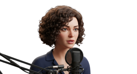 A woman with microphone podcast recording. featuring woman, female, portrait. This image is ideal for use in various financial contexts.