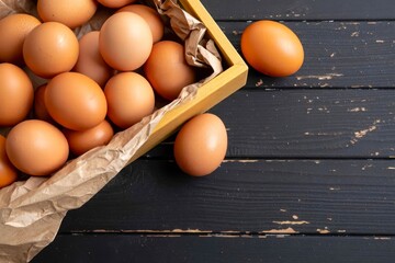 Box with chicken eggs on wooden background.