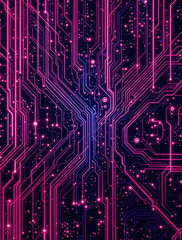 Abstract digital artwork depicting a complex network of glowing pink and purple circuit lines on a dark background, resembling a technological motherboard or neural network