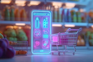 A smartphone displaying a grocery shopping app interface in a vibrant, digitally enhanced supermarket environment