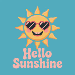Hello sunshine poster with happy sun, heart glasses, blue background, cheerful script, printable card, summer sticker