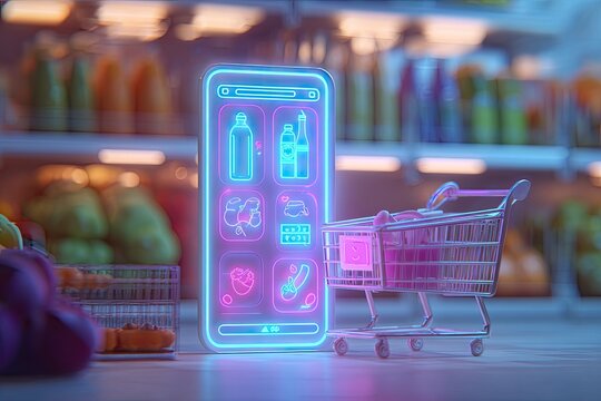 A smartphone displaying a grocery shopping app interface in a vibrant, digitally enhanced supermarket environment