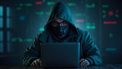 Hooded hacker computer security cybercrime coding programming data breach online safety