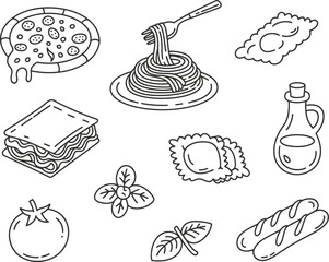 Hand drawn italian food icons featuring pasta pizza lasagna and more