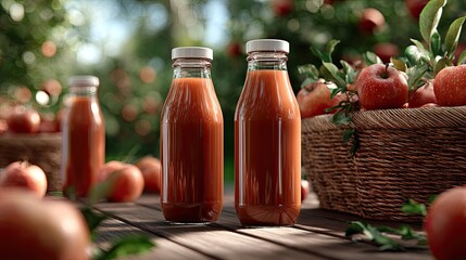 Three refreshing fruit juice bottles displayed among colorful fruits on wooden tables in a sunny orchard, showcasing a vibrant atmosphere