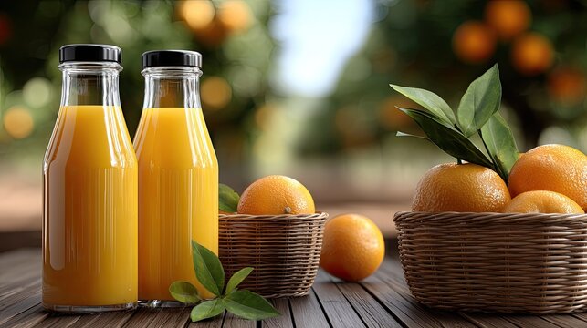 Three refreshing fruit juice bottles displayed among colorful fruits on wooden tables in a sunny orchard, showcasing a vibrant atmosphere - Powered by Adobe