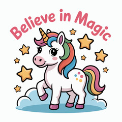 Confident unicorn with stars in white background under believe in magic text, perfect for birthday card or journal printable  