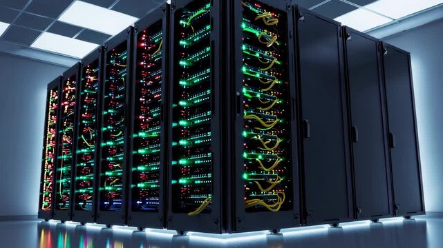 High-tech server racks with glowing network lights in dark data center room, cybersecurity and cloud infrastructure concept with digital communication flow - Powered by Adobe