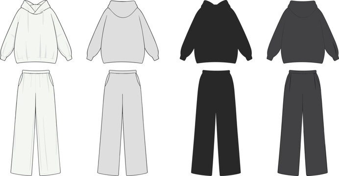 Loungewear hoodie and sweatpants set in black, white, grey, and dark grey colors, cad drawing flat vector illustration fashion sketch.