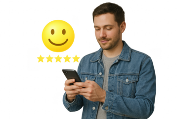 Man giving five star feedback on smartphone with a transparent background