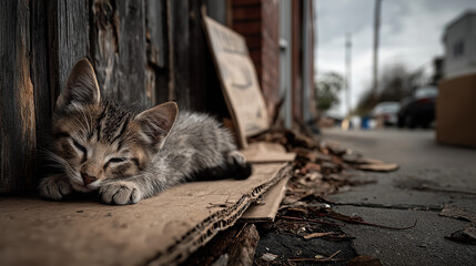 Abandoned Kitten Sleeping on Cardboard in a City Alley &mdash; Sad Urban Stray Animal Scene