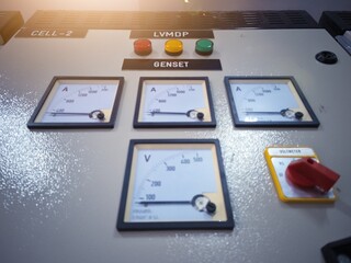 Close-up analog measuring current and voltage,digital temperature control on the machine electrical control.