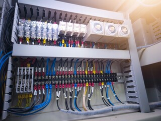 Electrical control panels with terminals connection and wire circuit control relays contactors.