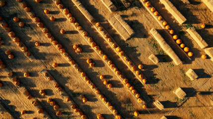 Aerial top-down view of an organized pumpkin patch with geometric patterns and shadows in late afternoon sun Generative AI