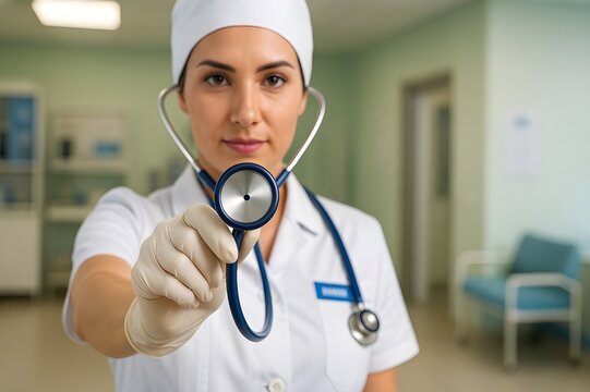 a doctor showing a stethoscope to the camera