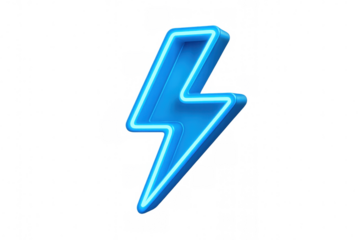 Electric blue neon lightning bolt flashing against transparent backdrop, symbolizing power surge and dynamic energy transmission