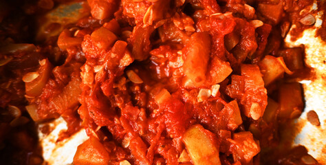 Vegetable stew top view. Food texture