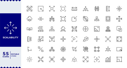 Scalability line icon set. Scale, scalable resize, scaling, stretch, expand, expansion, elasticity, scalling, adaptability, efficiency and more. Outline vector icon. Pictogram collection