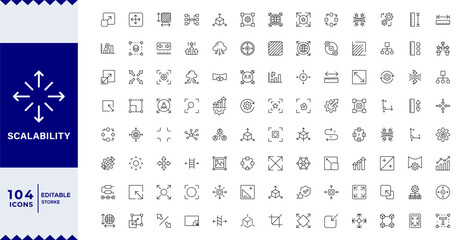 Scalability line icon set. Scale, scalable resize, scaling, stretch, expand, expansion, elasticity, scalling, adaptability, efficiency and more. Outline vector icon. Pictogram collection