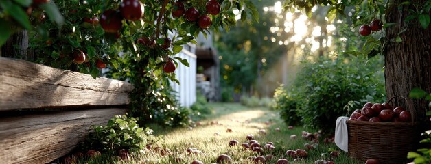 Baskets of fresh apples line a path leading to an old house, set against a serene orchard glowing in golden sunset light