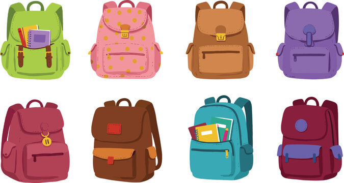 Colorful cartoon backpacks collection isolated on white background, various school bags with stationery, cute design for kids education.