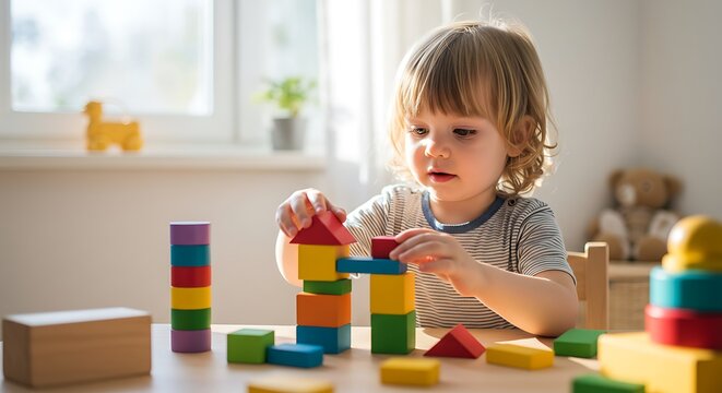 A young child concentrates while building a colorful tower with wooden blocks at a table.