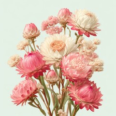 Elegant Arrangement of Soft Pink and White Flowers on a Light Green Background