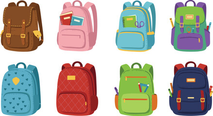 Set of colorful cartoon school backpacks for kids, bookbags with school supplies, cute vector illustrations for education and learning © Gustave McClure