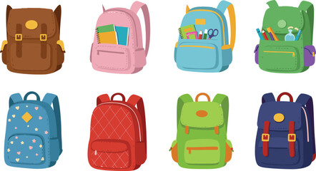 Set of colorful cartoon school backpacks for kids, bookbags with school supplies, cute vector illustrations for education and learning