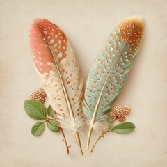 Colorful Feathers with Delicate Leaves and Flowers Against Soft Background