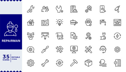 Pixel Perfect,Repairman outline icons related to easter. Linear icon collection. Editable stroke. Vector illustration