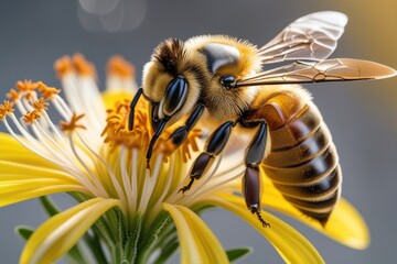 Beautiful side view of a honey bee collecting nectar from a yellow flower. Honey bee taking honey from flowers