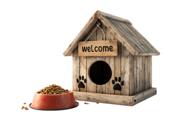 Rustic wooden dog house with welcome sign and food bowl.