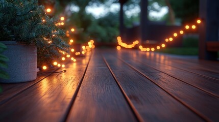 Illuminated wooden patio at dusk