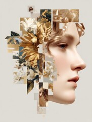 Woman's Profile Merged with Floral Art Elements in Creative Digital Collage Design