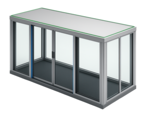 Glass-enclosed pedestrian walkway with aluminum framing and sliding doors
