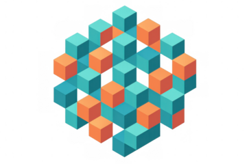 Complex structure made of orange and teal cubes creating an abstract composition on a transparent background, ideal for digital art projects