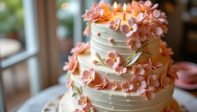 A multi tiered cake adorned with delicate sugar flowers in pastel hues, each petal meticulously crafted