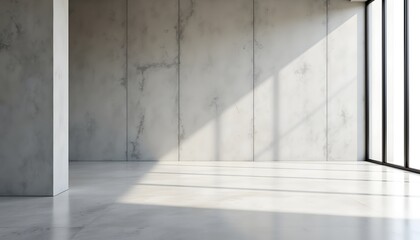 Fototapeta premium A spacious room showcases a seamless transition between a concrete textured wall and floor. The wide expanse of the concrete surfaces provides a sense of openness and industrial aesthetic