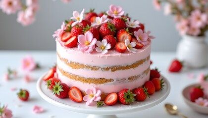 A multi layered cake, frosted with a light pink buttercream. Fresh strawberries, sliced and whole, adorn the top and cascade down the sides